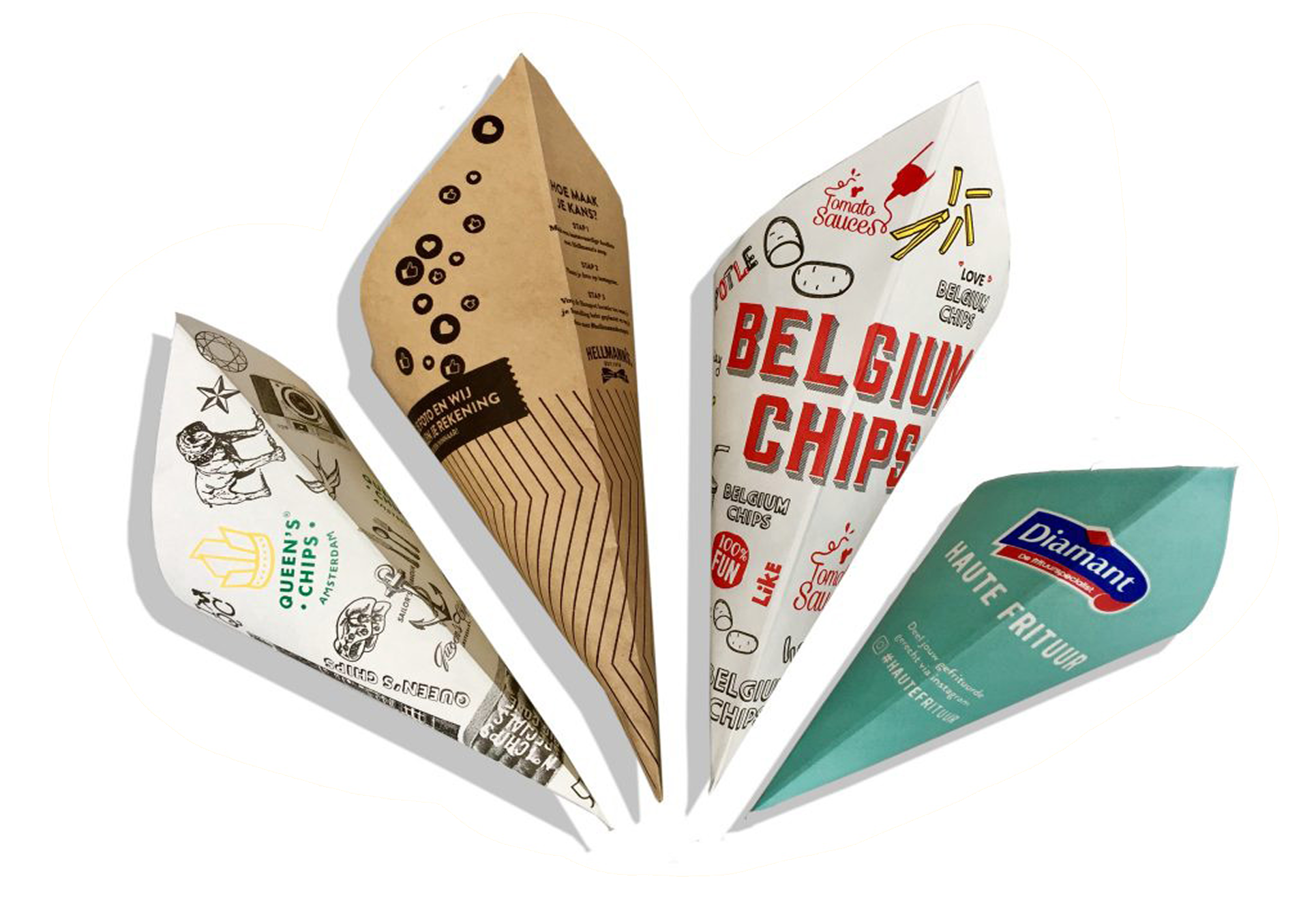 Bedrukte puntzakken in verschillende designs - Queen's Chips, Belgium Chips, Haute Friture